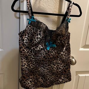 Cacique Leopard Print Camisole with Black Lace and Blue Accents
